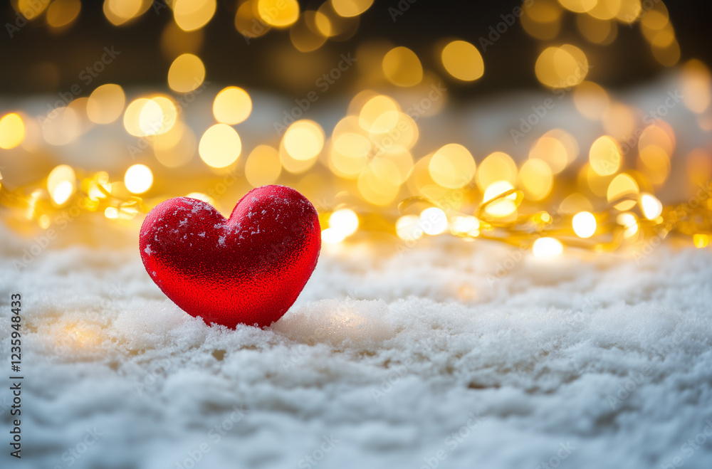 Fototapeta premium Symbolic Red Heart on White Snow with Dreamy Bokeh Lights for Valentine's Day, Generative AI