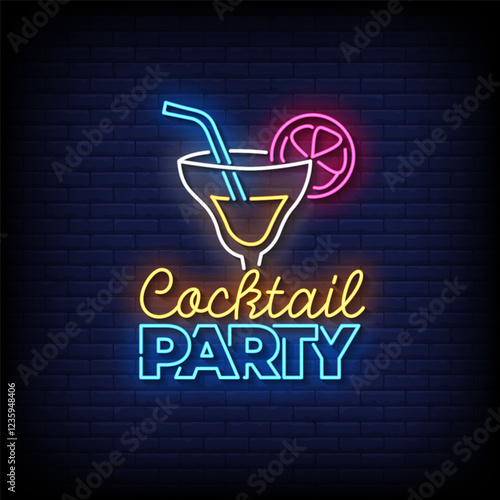 cocktail party neon sign with brick wall background vector