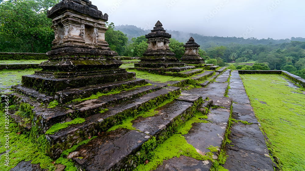 Ancient stone temples, misty mountain backdrop, moss-covered steps, rainy day, historical site Ancient stone temples, misty mountain backdrop, moss-covered steps, rainy day, historical site