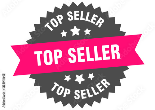top seller. top seller round pink label isolated on transparent background