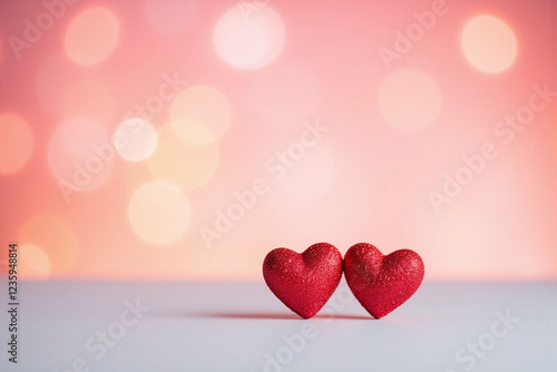 two glittery red hearts on light gray surface with bokeh effect