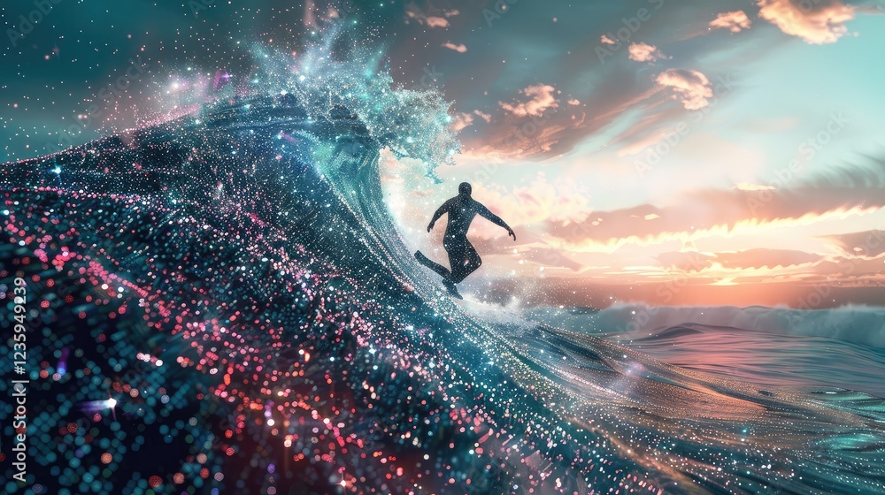 Fototapeta premium Surfer Riding a Digital Wave at Sunset