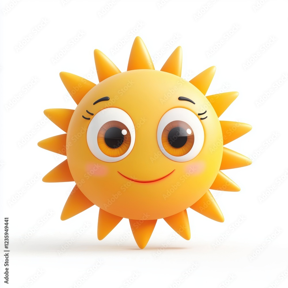 Fototapeta premium Cartoon sun with friendly eyes, radiating warm golden light, isolated on a clean white background