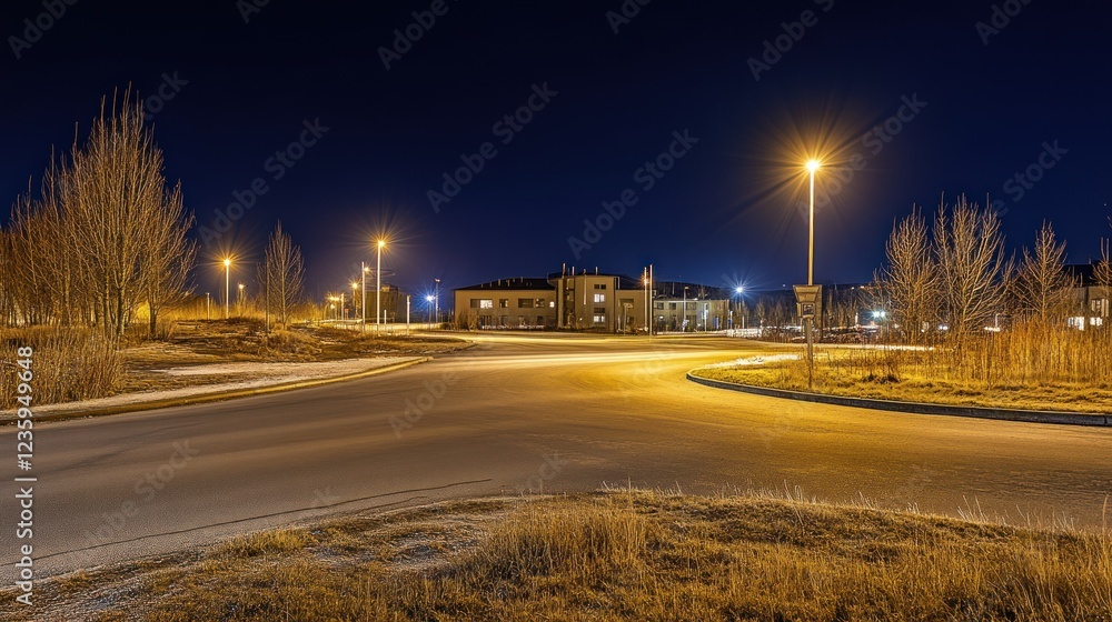 Nighttime suburban road curving near illuminated buildings Nighttime suburban road curving near illuminated buildings