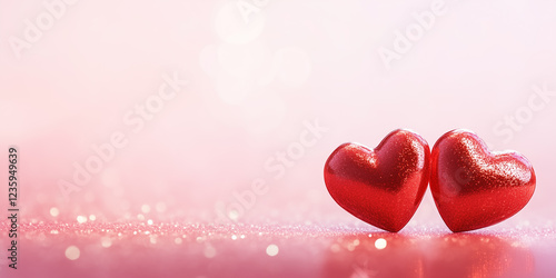Soft-Focused Valentine's Day Banner with Red Hearts on Glittery Background, Generative AI