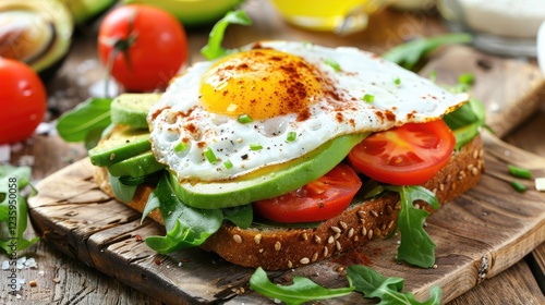 Healthy Avocado Toast with Egg, Tomatoes, and Arugula photo