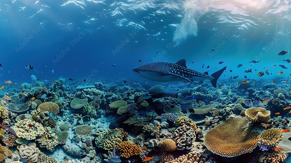 Fototapeta premium Awe - Inspiring Underwater Realm: The Panorama of a Gorgeous Coral Reef Teeming with Marine Life