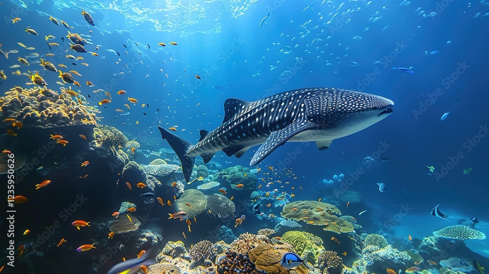 Fototapeta premium Awe - Inspiring Underwater Realm: The Panorama of a Gorgeous Coral Reef Teeming with Marine Life
