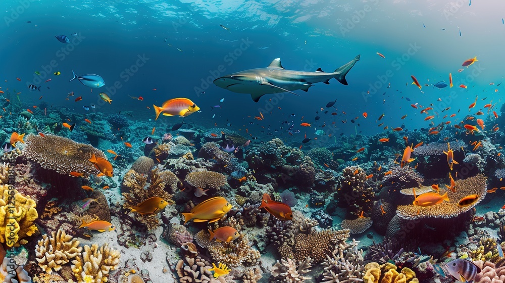 Awe - Inspiring Underwater Realm: The Panorama of a Gorgeous Coral Reef Teeming with Marine Life Awe - Inspiring Underwater Realm: The Panorama of a Gorgeous Coral Reef Teeming with Marine Life