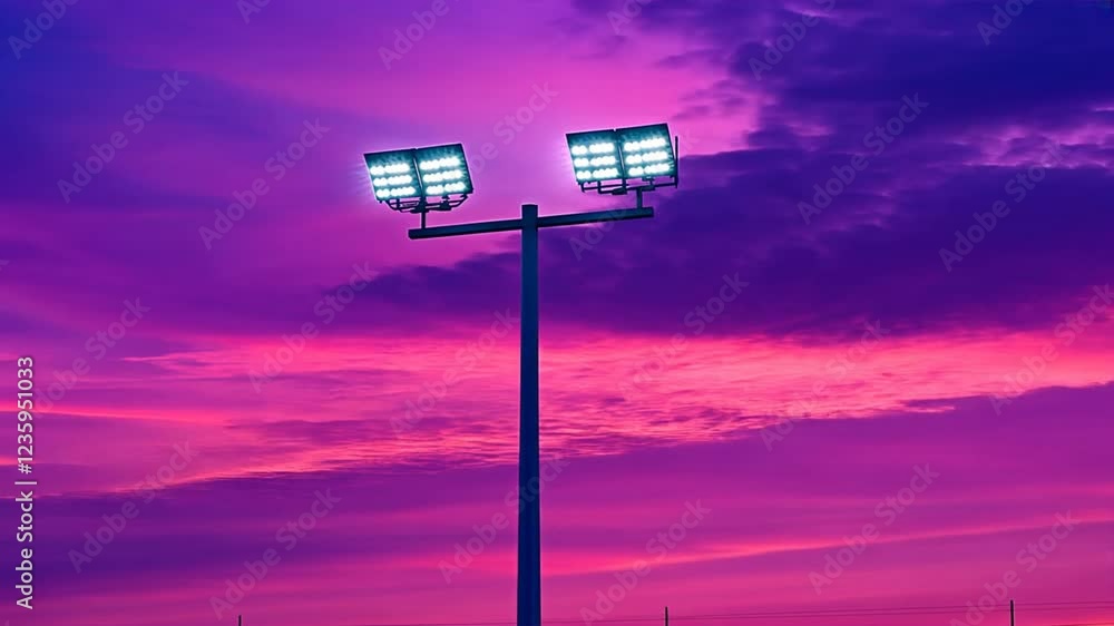 Bright floodlights illuminate vibrant purple and pink sunset sky, creating stunning outdoor scene with clouds and evening illumination that captures beauty of lighting. Bright floodlights illuminate vibrant purple and pink sunset sky, creating stunning outdoor scene with clouds and evening illumination that captures beauty of lighting.