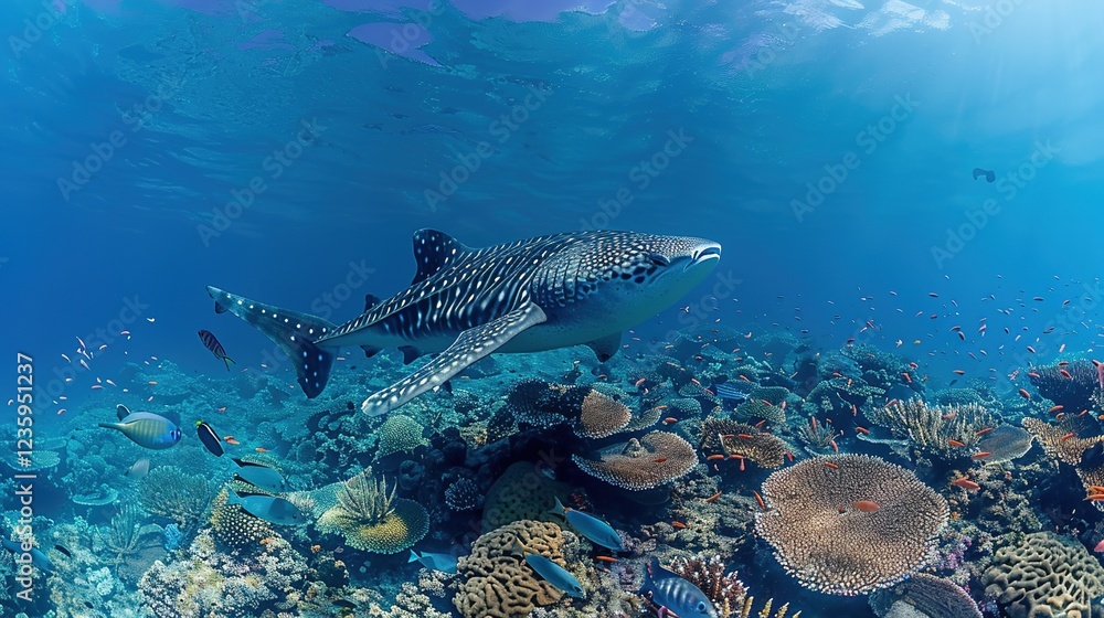 Fototapeta premium Awe - Inspiring Underwater Realm: The Panorama of a Gorgeous Coral Reef Teeming with Marine Life