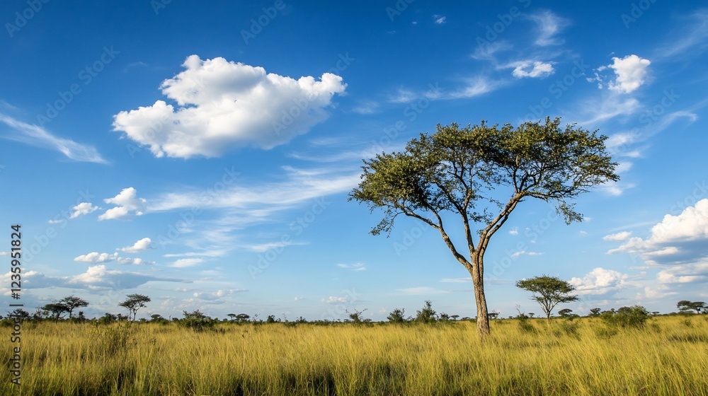 A lone tree stands tall in the savanna under a vast blue sky with clouds A lone tree stands tall in the savanna under a vast blue sky with clouds