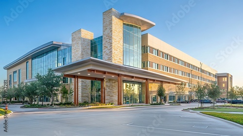 Modern medical center opening urban area architecture photography bright daylight eye-level view healthcare concept