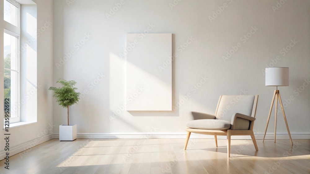 Modern living room with a large blank canvas, a comfortable armchair, and a tripod floor lamp, perfect for displaying artwork, photography, or a stylish mirror. Modern living room with a large blank canvas, a comfortable armchair, and a tripod floor lamp, perfect for displaying artwork, photography, or a stylish mirror.