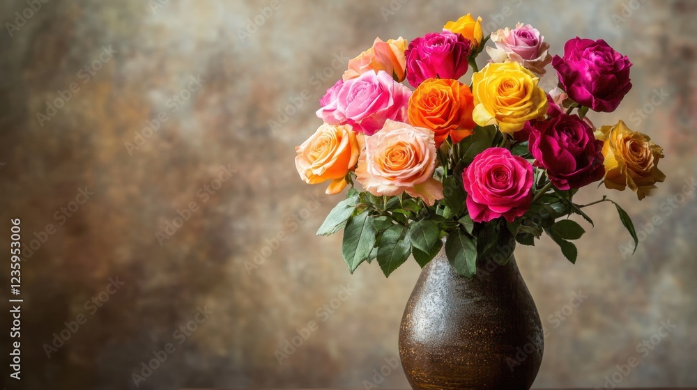 Obraz premium A fresh bouquet of mixed roses in bold colors, displayed in a ceramic vase with a soft natural light backdrop.