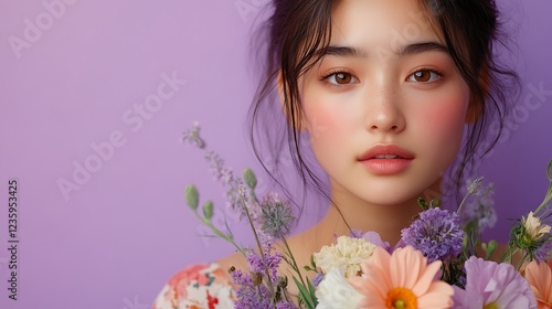 Asian woman holding flowers, studio portrait, soft lighting