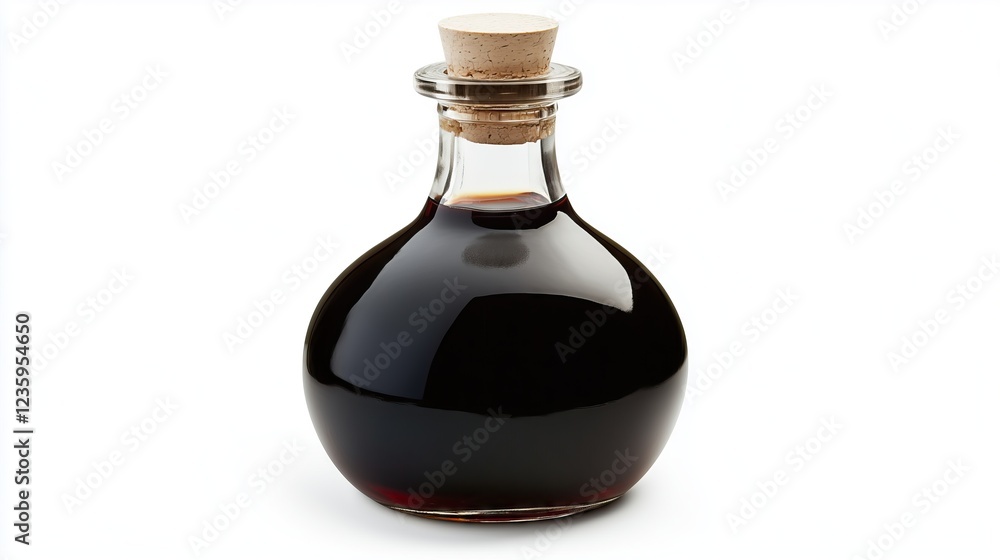 glass flask bottle with dark balsamic, grape vinegar on white background glass flask bottle with dark balsamic, grape vinegar on white background