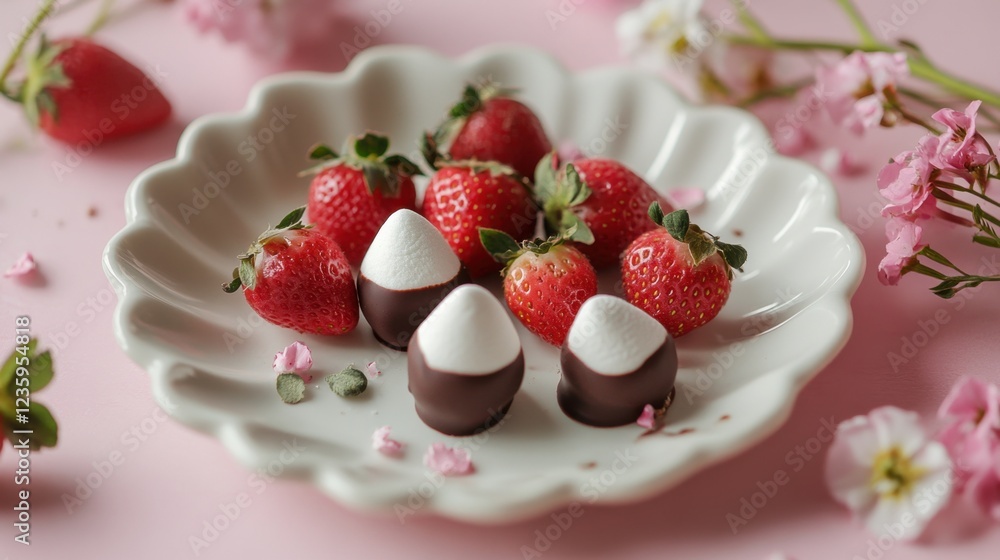 A beautiful Valentine chocolate idea featuring chocolate-dipped marshmallows and fresh strawberries on a white porcelain plate. A beautiful Valentine chocolate idea featuring chocolate-dipped marshmallows and fresh strawberries on a white porcelain plate.
