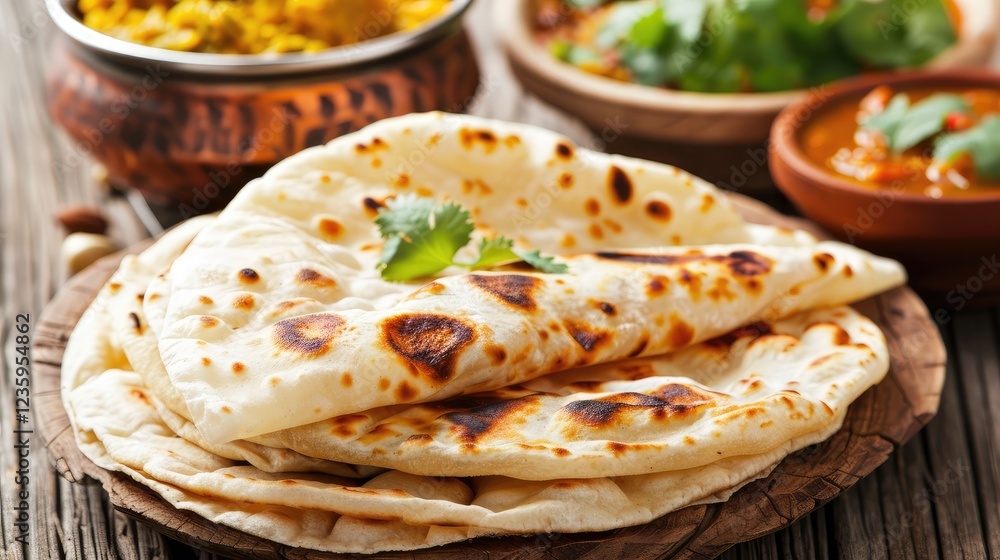 Delicious Naan Bread with Indian Cuisine on Rustic Table Delicious Naan Bread with Indian Cuisine on Rustic Table