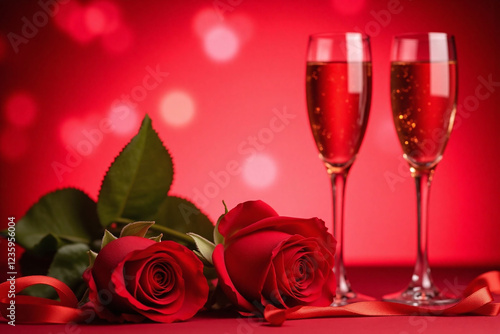Two red roses and champagne flutes on red toned surface