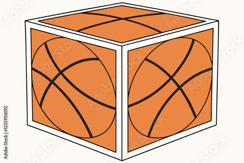  cube-shaped basketball, orange cube with black lines, geometric sports design, minimalist furniture, black cube, contrasting shapes, modern home decor, abstract sports concept, 3D render, clean backg