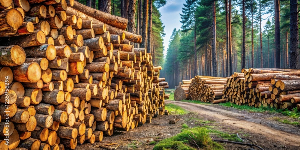 Stacks of freshly cut logs in a forest clearing, sunlight filtering through the trees, creating a sense of both industry and natural beauty. Stacks of freshly cut logs in a forest clearing, sunlight filtering through the trees, creating a sense of both industry and natural beauty.