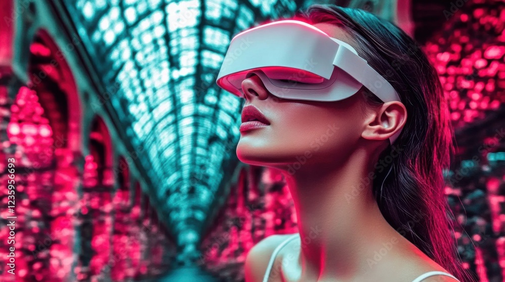 A woman adorned with a sleek virtual reality headset, immersed in a digital universe that reflects modern technology and the future of human interaction. A woman adorned with a sleek virtual reality headset, immersed in a digital universe that reflects modern technology and the future of human interaction.