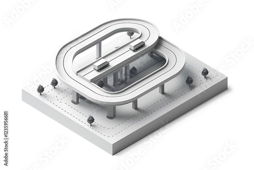Isometric Futuristic Architecture of Elevated Roads and Modern Transportation Model