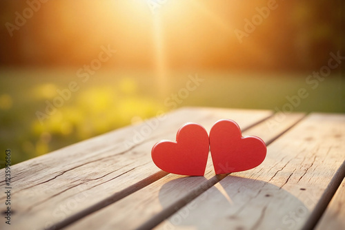 two red wooden hearts on weathered wooden surface with golden light
