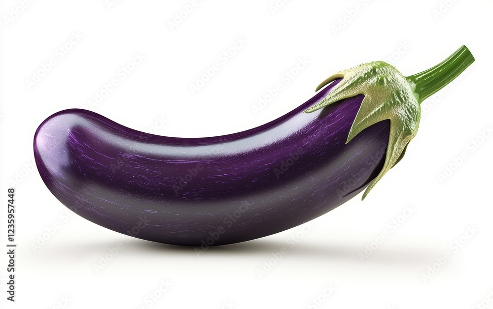 Deep purple eggplant with a green stem and smooth surface isolated on a white background Deep purple eggplant with a green stem and smooth surface isolated on a white background