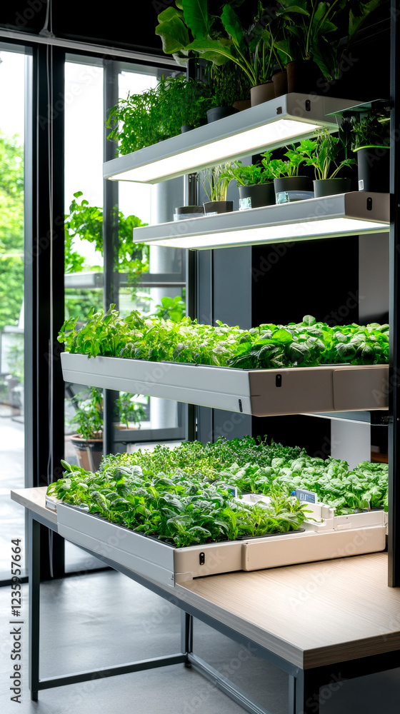 Fototapeta premium A modern indoor vertical garden featuring multiple shelves of vibrant green plants under bright lighting, enhancing the space with a touch of nature.