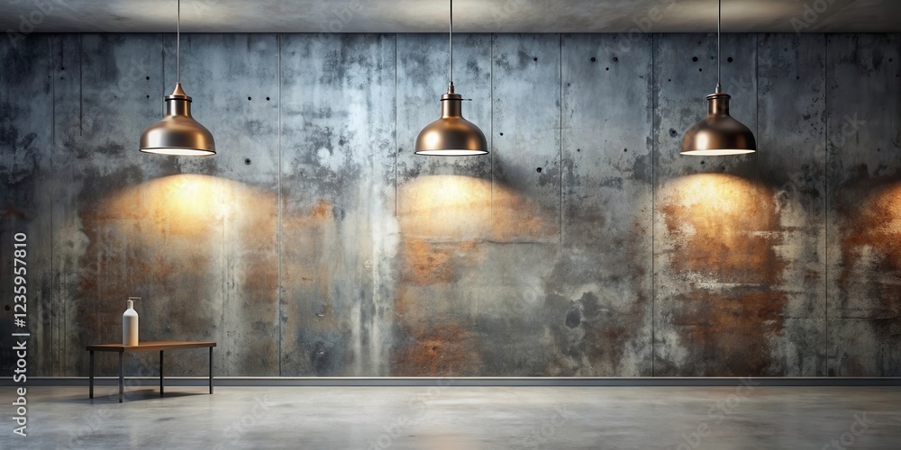 Fototapeta premium Industrial interior design with a weathered concrete wall, minimalist furniture and three hanging light fixtures.