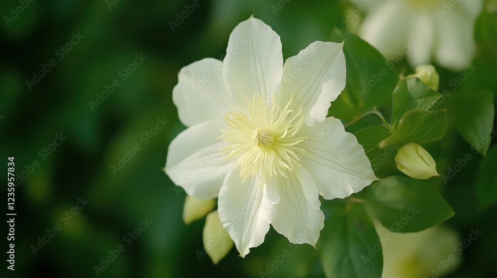 White Flower Close Up Green Foliage Soft Sunlight White Flower Close Up Green Foliage Soft Sunlight