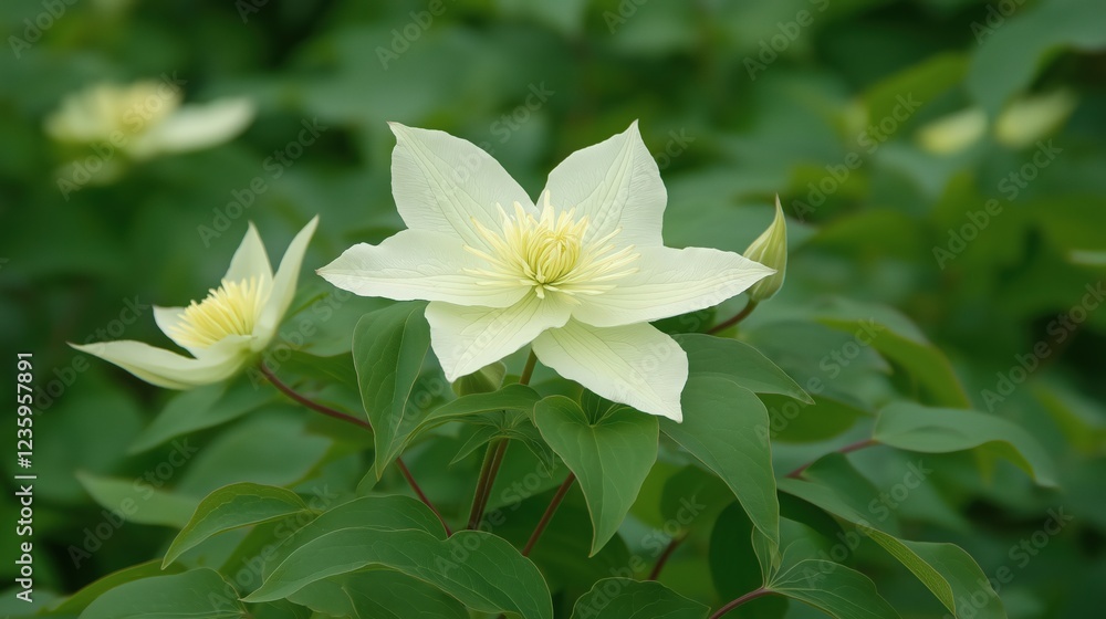Delicate Off White Clematis Blossoms with Speckled Petals and Lush Green Foliage Delicate Off White Clematis Blossoms with Speckled Petals and Lush Green Foliage