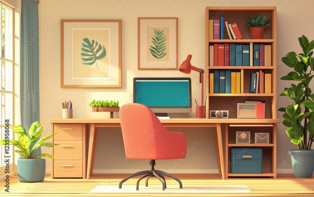 Cozy home office with a wooden desk, comfortable chair, and bookshelf filled with decorative items, creating a warm and functional workspace Cozy home office with a wooden desk, comfortable chair, and bookshelf filled with decorative items, creating a warm and functional workspace