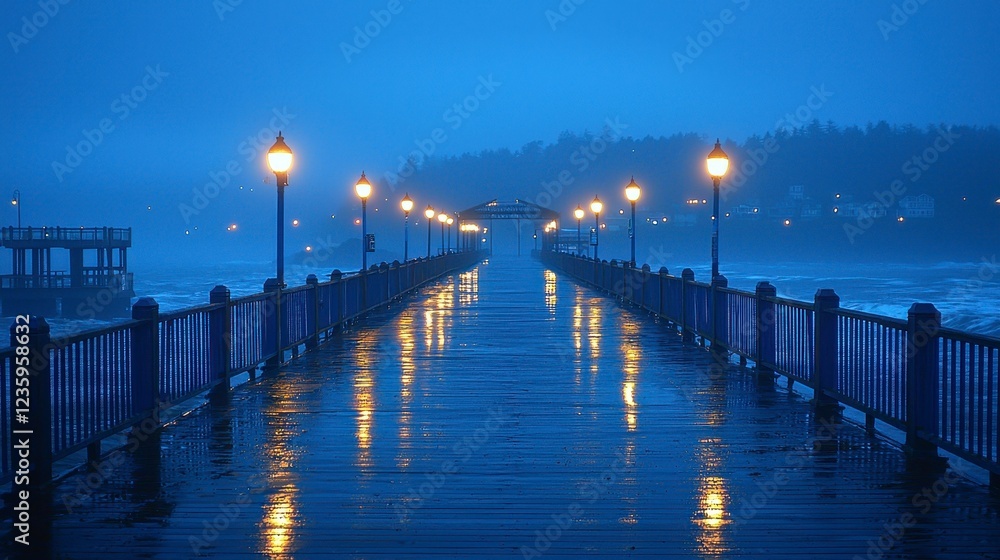 Fototapeta premium Rainy night pier, ocean waves, coastal town