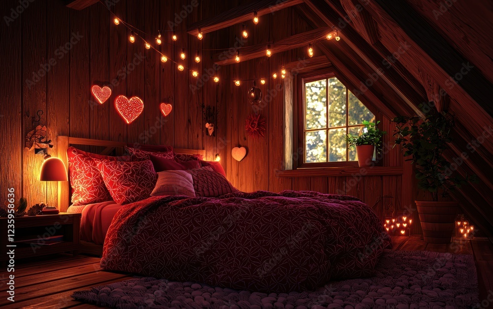 Obraz premium Dreamy attic bedroom with heart-patterned bedding and warm glowing fairy lights for Saint Valentines Day and 8 March Womens Day, in a cozy rustic setting