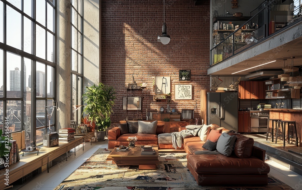 Cozy loft apartment with industrial design, brick walls, and large panoramic windows Cozy loft apartment with industrial design, brick walls, and large panoramic windows