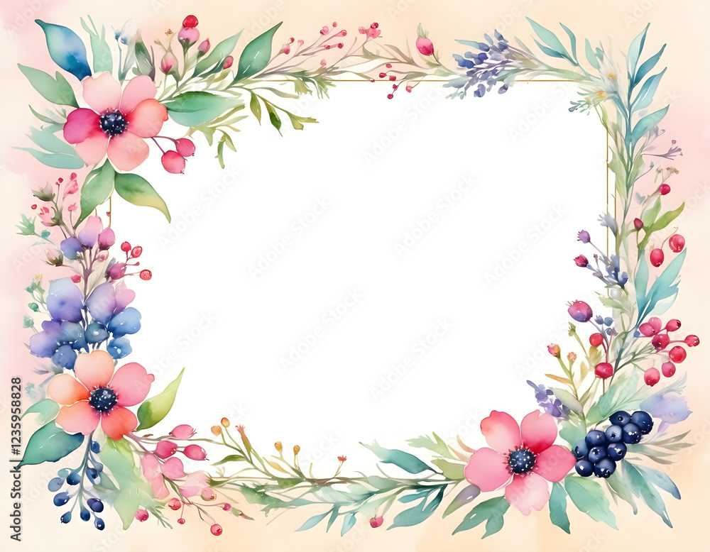 Fototapeta premium Watercolor Floral Frame Border Design Pastel Pink Flowers Greenery Wedding Invitation Template Background