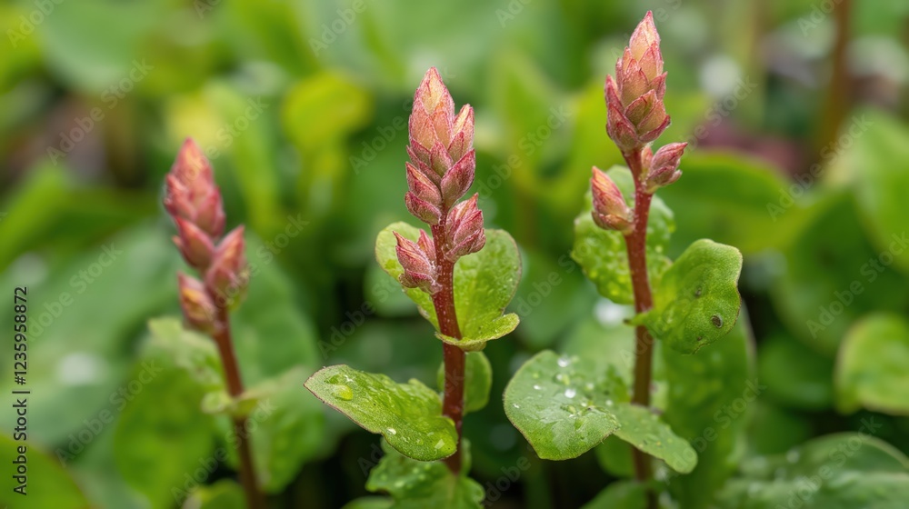 Fototapeta premium Reddish Pink Flower Buds with Dewy Green Leaves
