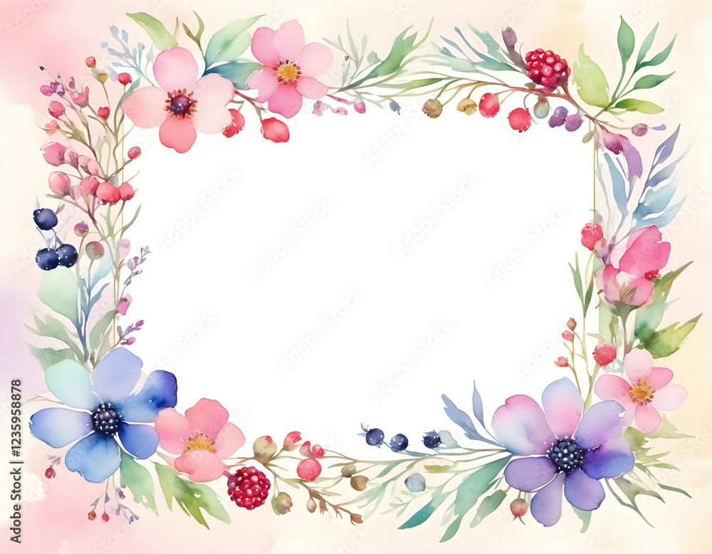 Fototapeta premium Watercolor Floral Frame Border Pastel Pink Purple Flowers Wreath Wedding Invitation Design Template