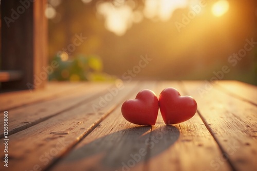 two small red heart shaped objects on wooden surface light