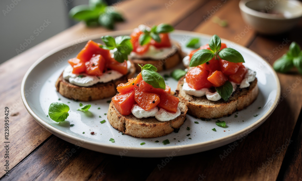 Tangy Roasted Red Pepper Bruschetta with Goat Cheese and Basil Tangy Roasted Red Pepper Bruschetta with Goat Cheese and Basil