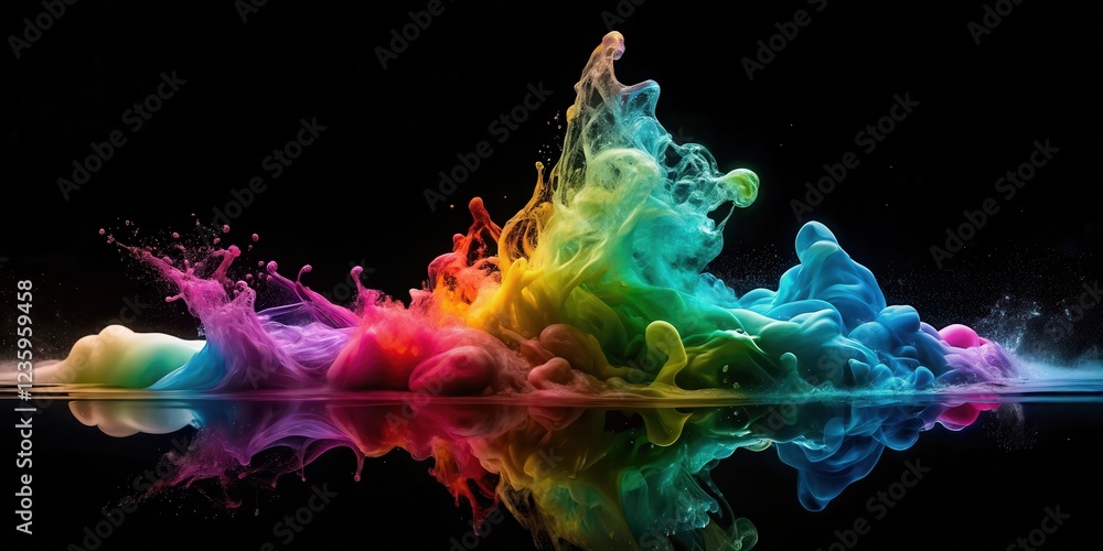 Obraz premium A vibrant explosion of color in liquid, creating a mesmerizing rainbow-like formation, reflected in the still water below.