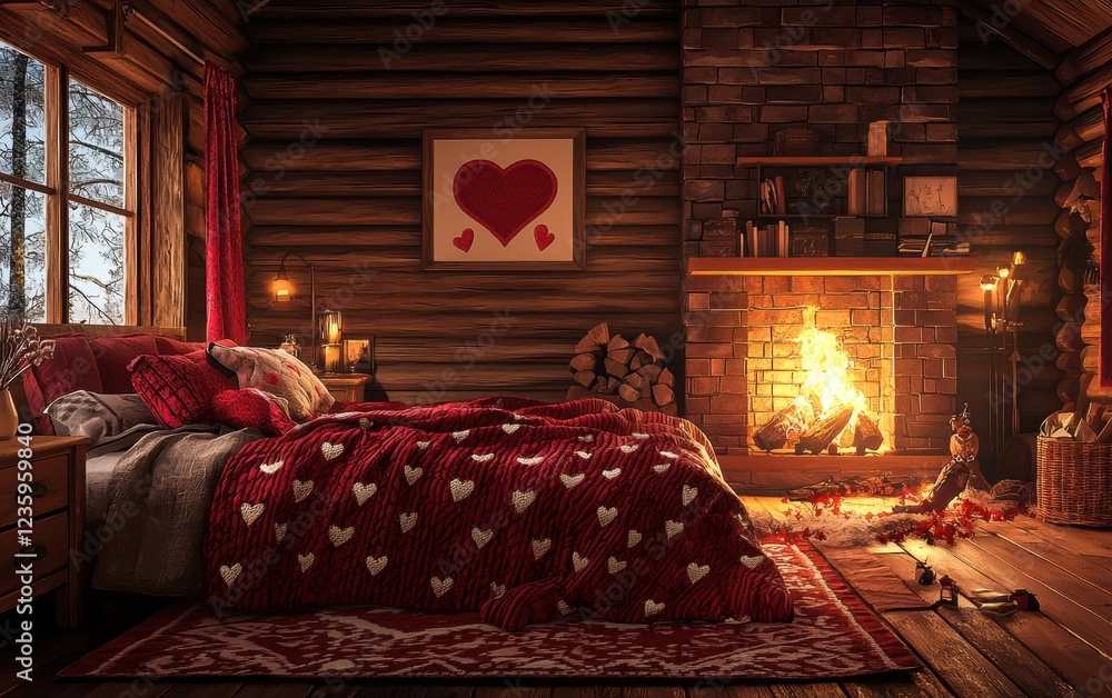 Cozy winter cabin bedroom with heart-patterned wool blankets and a crackling fireplace for Saint Valentines Day and 8 March Womens Day, in a warm and inviting setting Cozy winter cabin bedroom with heart-patterned wool blankets and a crackling fireplace for Saint Valentines Day and 8 March Womens Day, in a warm and inviting setting