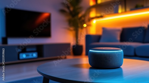 Smart Home Evening Ambiance: Alexa Speaker on Coffee Table