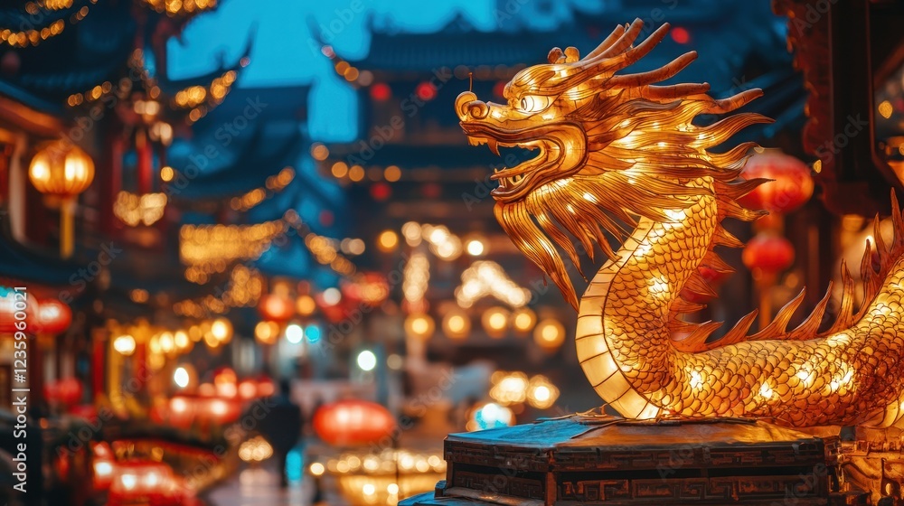Illuminated Dragon Lantern Amidst Festive Asian City Lights Illuminated Dragon Lantern Amidst Festive Asian City Lights