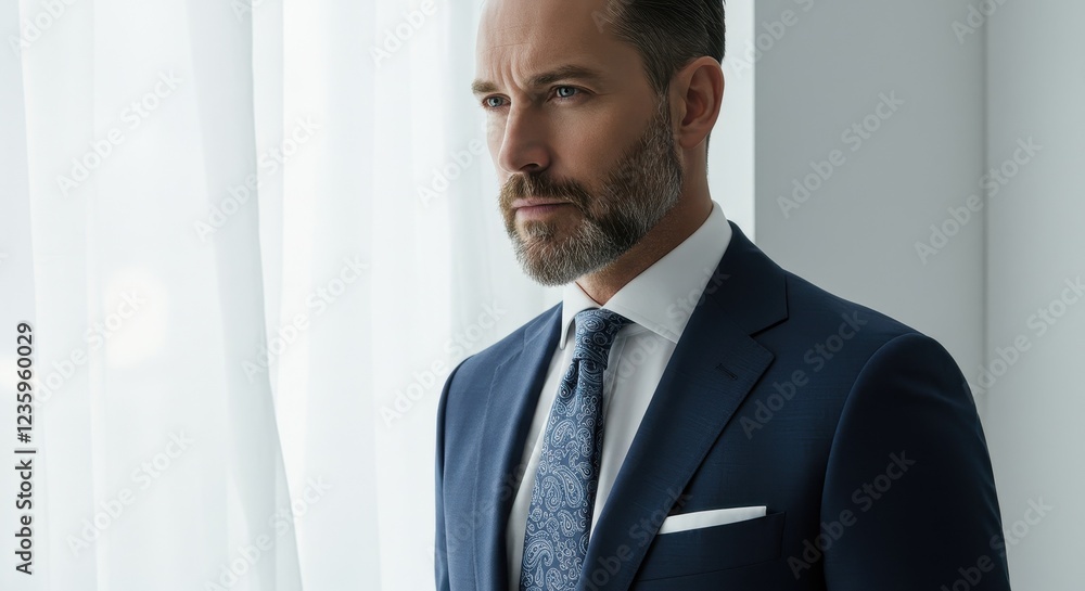 Professional Businessman in Blue Suit Looking Out Window - Corporate Leadership and Success Concept in Photography Professional Businessman in Blue Suit Looking Out Window - Corporate Leadership and Success Concept in Photography