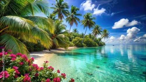Fototapeta Naklejka Na Ścianę i Meble -  serene beach scene with swaying palm trees amidst crystal clear turquoise waters, surrounded by lush greenery and vibrant tropical flowers, tropical paradise, lush greenery