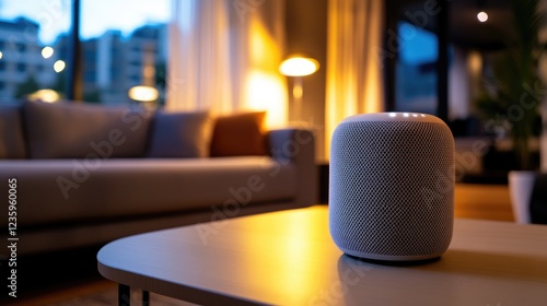 Smart Home Evening Ambiance: Home Theater Speaker on Coffee Table